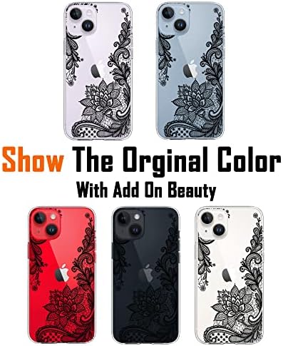 Калъф KEXAAR за iPhone 14 Plus, Сладък калъф за iPhone 14 Plus с цветя за Момичета, Женски Прозрачен Цветен Модел, Дизайн с Черни Кружевными
