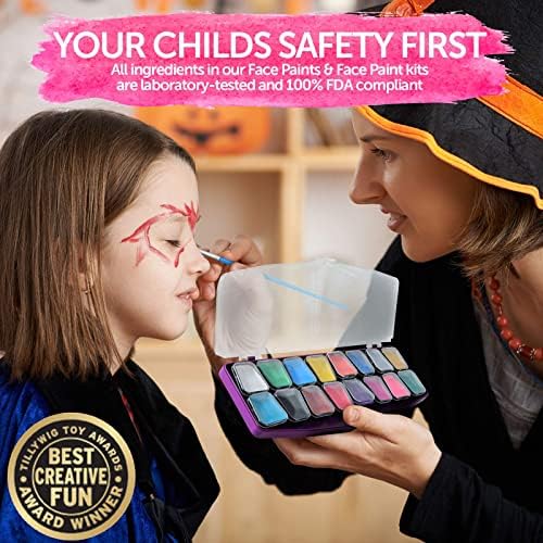 Компанията Colorful Art Co. Комплект бои за лице за деца - Набор от 16 бои на водна основа с 3 Четки за рисуване и 30 Трафаретами - Палитра