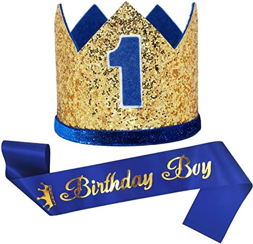 Maticr Лъскава корона за първия рожден ден за момче, шапка за парти на 1-ви рожден ден, подпори за фотосесия Cake Smash
