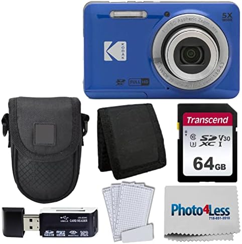 Цифров фотоапарат Kodak PIXPRO FZ55 (син) + Черен калъф за фотоапарат Point & Shoot + Карта памет Transcend 64GB SD + Портфейла за карти