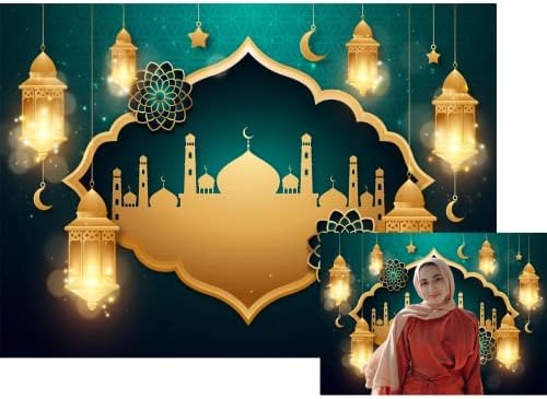 Loccor 7x5ft Кърпа Зелена Рамадан Фон Банер Златни Светлини Джамия Фон За Снимки Ейд Мубарак Декор на Ислямската Мюсюлманска Парти Аксесоари Ал-Фитр Празнични Украси Ра