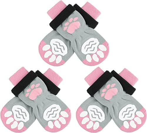 SCIROKKO 3 Двойки Противоскользящих Чорапи за Кучета - Регулируема Нескользящая Защита на Лапите на домашни животни с Розов Модел