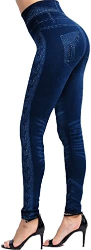 YALFJV дамски панталони за йога с джоб за жени разтеглив, гамаши топлинна ивица печат имитация на деним гамаши чорапогащник туризъм