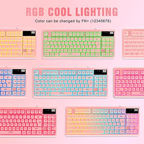 Комбинирана детска клавиатура и мишка RGB Pink, Детска Клавиатура с 87 Клавиши, Жичен Детска Клавиатура с подсветка RGB, Механична клавиатура