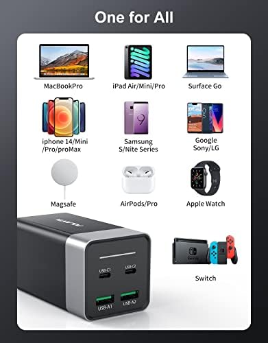 Зарядно устройство GaN, Зарядно устройство, USB C Мощност 120 W, 4-Портов Бързо зарядно устройство GaN USB, Зарядно за лаптоп,