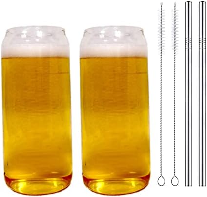 Чаша от бира банки Gugou с капаци и соломинкой, 2 опаковки, Чаши за пиене с бамбук капак, Кафеена чаша с лед, Стъкло под формата
