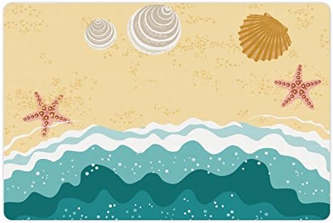 Foldout Океански подложка за домашни за храна и вода, Пясъчен плаж с Морски вълни и образа на Екзотична Стриди в подобна на иглу, черупка