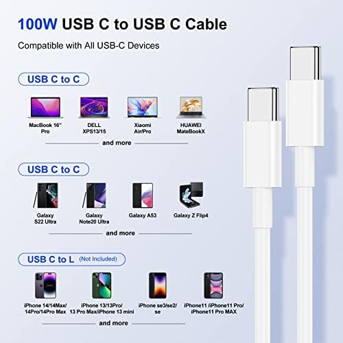 (100 W, 6 фута) Кабел USB C-C USB за Mac Book Pro / Mac Book Air, 5A Кабел за зареждане на устройства на Apple Type C за iPad Pro 2021/2020, iPad Pro 12,9 / 11, Air 4/5, Mini 6, Samsung Galaxy S23 / S22, Pixel, Switch, LG