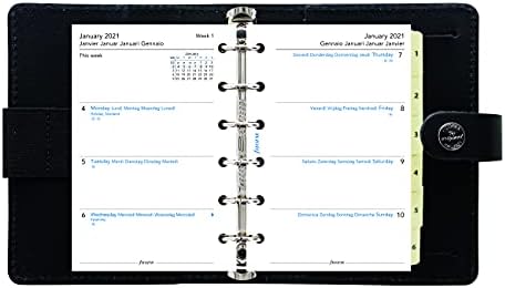 Filofax Оригинален органайзер, Джобен формат, Черна Кожа, Шест позвънявания, Календар-дневник с график по седмици, Многоезичен, 2022 (C026080-22)