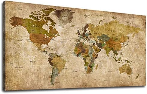 Реколта Карта на света, Стенни Художествена Картина върху Платно, Голяма Старинна Карта на света, Живопис върху Платно, Щампи за Офис
