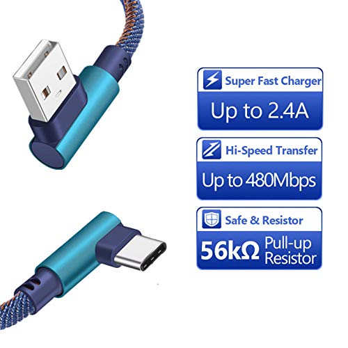 Правоъгълен USB кабел Type C, (2 опаковки по 6 фута) Двустранен Заден Мозък в найлонов оплетке с ъгъл от 90 градуса, Бързо Зарядно
