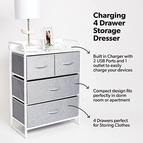 Dormify Charging Скрин с 4 чекмеджета | Органайзер за съхранение на вещи | 1 Изход, 2 USB-порта | нощно Шкафче с чекмедже