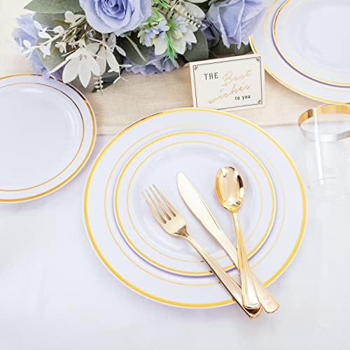 WELLIFE 150 Бр Златни Пластмасови чинии с Еднократно златен столовым сребро, включва: 25 заведения за хранене чинии 10,25-инчов,