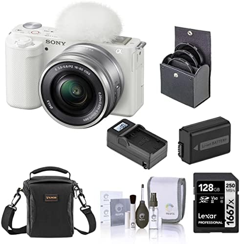 Беззеркальная камера Sony ZV-E10, с обектив 16-50 мм, Бял комплект с карта с памет SD с обем 128 GB, чанта през рамо, Батерия NP-FW50,