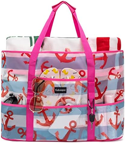 Окото Плажна чанта KABAQOO, Много Големи Плажни Чанти с 9 Джобове и цип, Водоустойчив Лека Плажна чанта за плажа /басейна