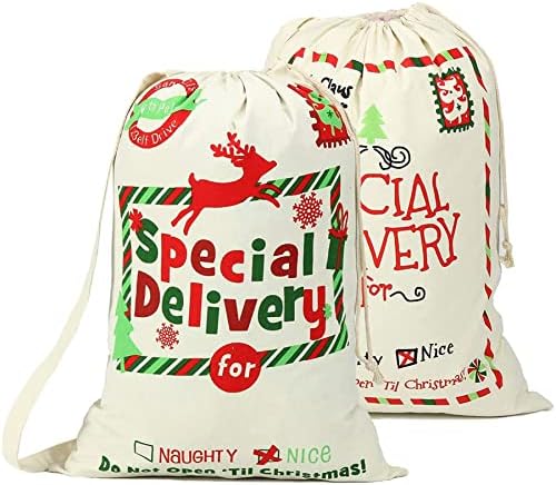 Коледна чанта XinblueCo, чанта на Дядо Коледа 2 опаковки, Коледна холщовая чанта на Дядо Коледа в клетката на Бъфало с шнурком, Коледна Индивидуална