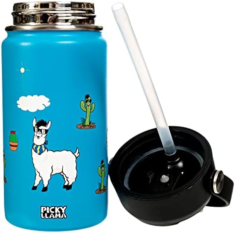Бутилка за вода с вакуумна изолация Picky Llama от неръждаема стомана (Llama Kids Blue, 12 унции)