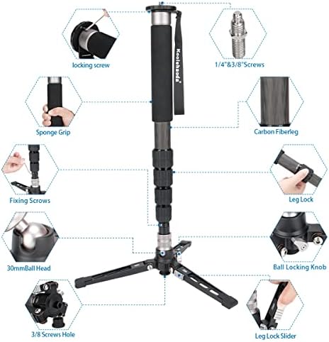 Монопод за камера Koolehaoda MPD-325C от въглеродни влакна 64 с подвижна основа за статив. 5-Секционни моноподы на крака за цифров