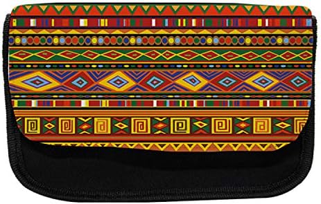 Foldout Tribal молив случай, Проста Геометрична Африканска Чанта за Моливи от плат с двоен цип, 8,5 x 5,5, Многоцветен