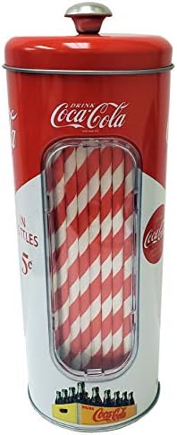 Твърд титуляр за coca-cola, The Tin Box Company с 20 хартиени соломинками Вътре, 3-3 / 8 x 8-1 / 4 H, червено и бяло