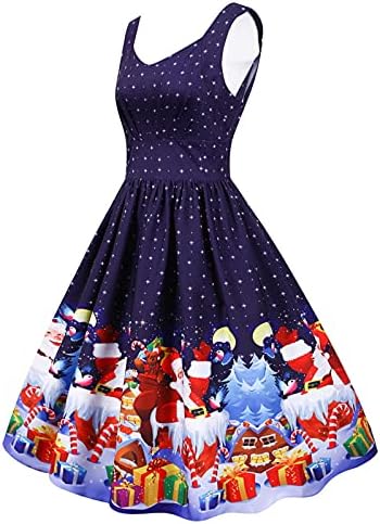 Коледни Рокли за Жени на 1950-те Години, Винтажное Рокля Midi Без Ръкави с Принтом Дядо Коледа, един Коктейл Рокля-Люлка за Бала