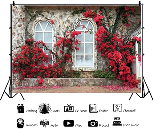 Baocicco 10x8ft Романтичен Фон с Червени Цветя В Италиански стил Прозорец на Дома Каменна Стена Зелена Лоза Фон За Снимки на Двойката