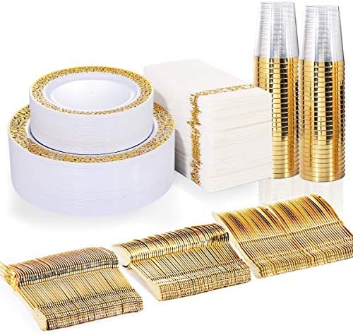 bUCLA 350PCS Златни Пластмасови чинии с Еднократно Пластмасово Столовым Сребро и Кърпички за ръце, Дизайн златен пластмасови прибори включва 100 чинии, 50 вилици, 50 ножове,