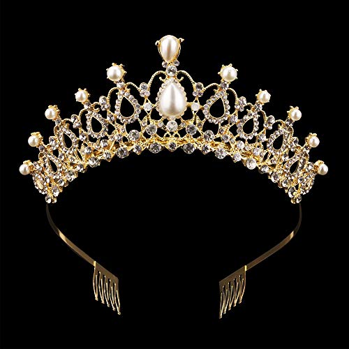 Луксозен дамски диадема с гребен и кристал диадема от перли за младоженци, кралицата-принцеси, момичета на сватбена представяне в чест на рождения ден (злато)