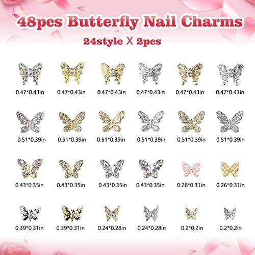 48 бр 3D Окачване-пеперуди за нокти, Кристали, Диаманти, Скъпоценни Камъни за нокти, Кристали-Пеперуди за украса на ноктите, Сребърен