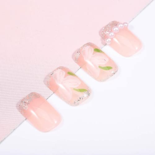 Obmyec Къси Розови режийни ноктите с квадратна цветя модел, режийни ноктите с гланцово блясък, изкуствени нокти с перли, ежедневен дизайн, пълно покритие, клипове на н?