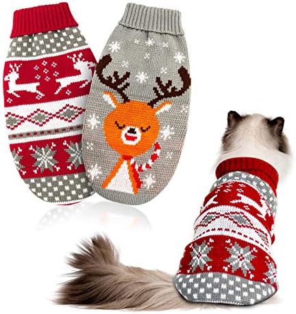 Коледен Пуловер HYLYUN Котка 2 Опаковки - Коледен Пуловер за Кученца, Пуловери с Снежинками и Елени за домашни Любимци, Пуловери за котки