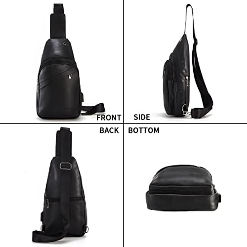 Мъжки Малки Кожени Чанти-прашка Водоустойчив Пътни Отличителни Чанта през Рамо с USB Черен Цвят