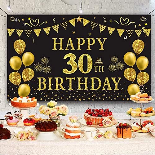Комплект накити в 30-ия рожден ден Trgowaul: Включва черен Златен фон за рожден ден, Банер 5,9 X 3,6 Fts, плакат на черното злато Роден