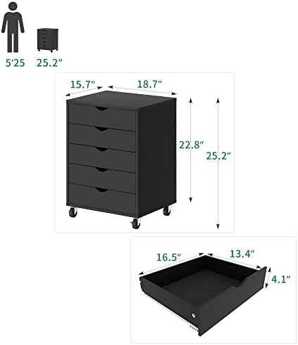 Скрин YITAHOME с 5 чекмеджета, произведено метален шкаф шкаф на колела, шкафчета за съхранение на вещите в дома си офис, черен