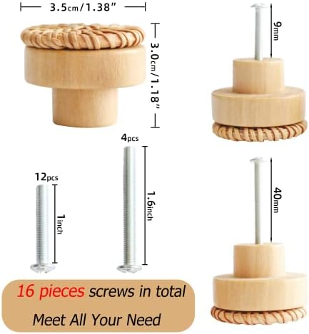 PULNCD 12 Опаковки дръжки за шкафа от ратан в стил Бохо, дръжки за кръгли дървени кутии, Дръжки за чекмеджета от Трайни буково дърво, Дръжки за чекмеджета Ръчна изработк