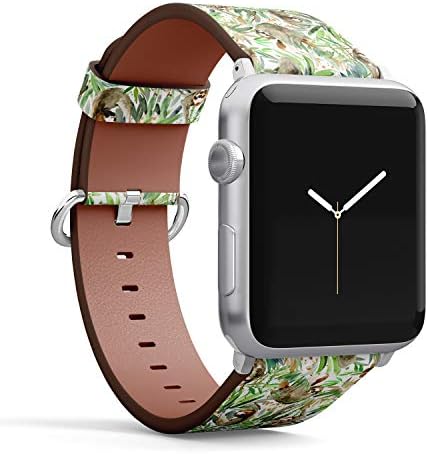 Кожена гривна с картина (Акварел Ленивец и тропически листа) за Apple Watch Серия 4/3/2/1 поколение, подмяна на ремъците iWatch