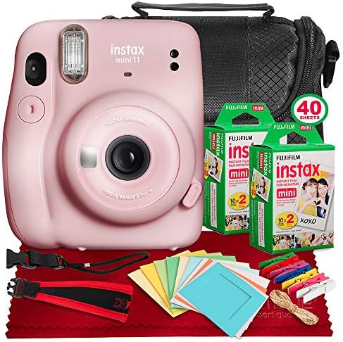 Фотоапарат непосредствена печат FUJIFILM INSTAX Mini 11 (бледо розово) + 2 фотографски филм Fujifilm Instax Mini Twin (40 експозиции), калъф за носене на фотоапарата, ремък за фотоапарат Xpix