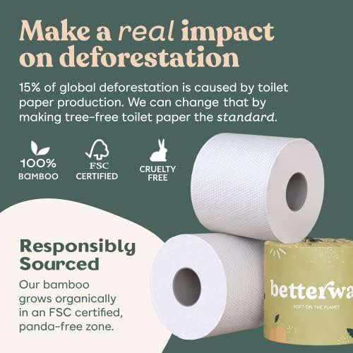 Тоалетна хартия Betterway Bamboo 3 СЛОЙ - Екологично Чист, устойчив тоалетна хартия - 36 двойни ролки и 360 листа в ролка - Безопасно