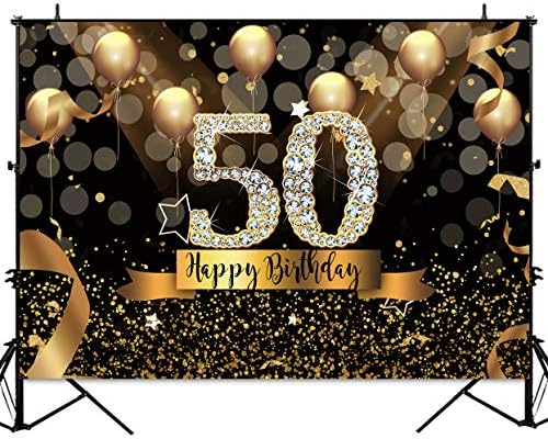 Sensfun 10x8ft Щастлив Фон за Снимки на Парти с 50-годишнината, Блестящ Черен и Златен Фон с Балони за Жени, Страхотна Украса
