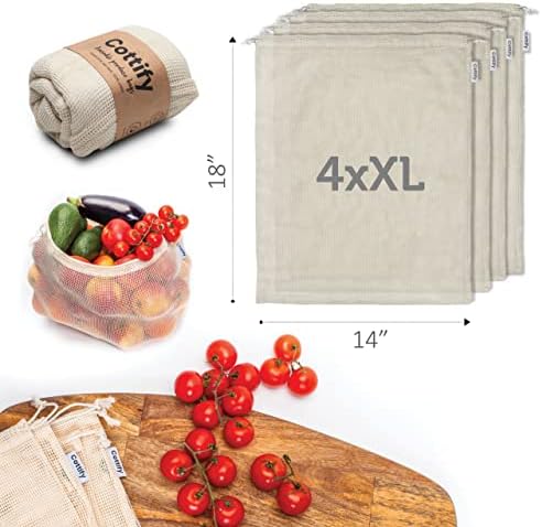 Пакети за продукти за Еднократна употреба, 4 опаковки, Хранителни Миещи XL, Мрежести Опаковки за продукти от органичен памук, Пакети