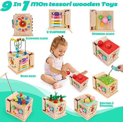 Забавни играчки MOMOK Activity Cube за деца на 1 година, 9 в 1, Дървени Образователни Монтесори играчки за момчета и Момичета на 1 година, Подвижни Фигурки-Барове, Подарък за 1 Р