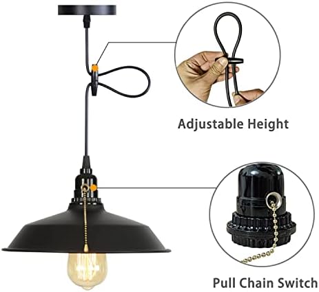 Окачен лампа на веригата и с ключа за лампата, окачена лампа на шнуре, матиран черен промишлен тавана лампа за скрит монтаж