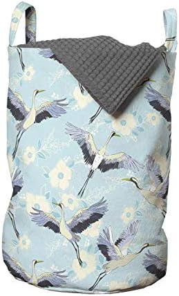 Чанта за дрехи Ambesonne Bird, повтарящ Се Свободно Летящ Кран, Бели, Невинни Цветя, Нарисувани от ръката, Кошница за дрехи с дръжки,