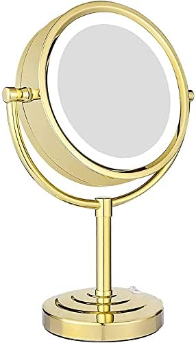 ZAAHH Десктоп Огледало за грим с led подсветка 8,5 сантиметра, с увеличение, Двустранно Огледало за тоалетка масичка от месинг