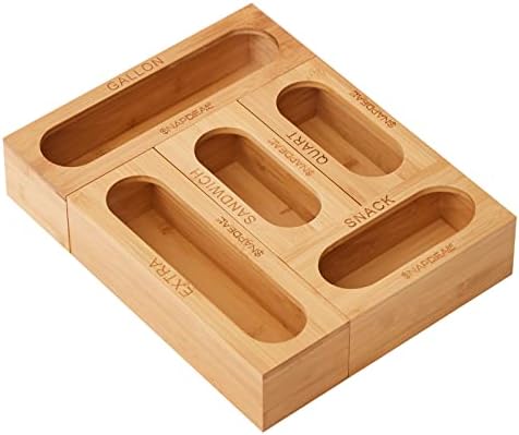 Бамбук Органайзер за съхранение на SNAPDEAL с цип - 5 бр., Wooden Органайзер с цип за чекмеджета - Подходящ за плъзгачи с пакети за литър, сандвичи, закуски, фризера и галони с