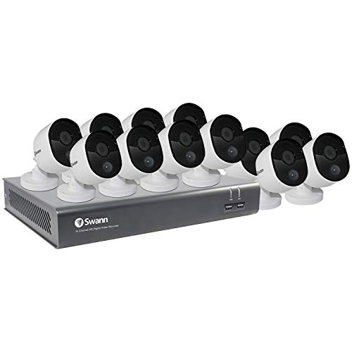Система за домашно сигурност Swann, 16-Канален 12 камери-куршуми, 1080p HD видео Рекордер за кабелна видеонаблюдение Вътре/вън, Твърд диск с капацитет 1 TB, Нощно виждане, Топ?