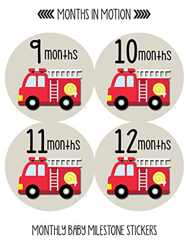Етикети на месец за едно дете - Етикети на Месечна етап - Етикети на Месец за момчето - Пожарна кола