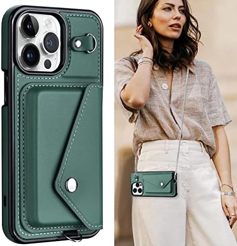 Чанта-портфейл V-MORO за iPhone 14 Pro Max, калъф от изкуствена кожа Премиум-клас, броня за КОМПЮТЪР с държач за карти и метална верига,