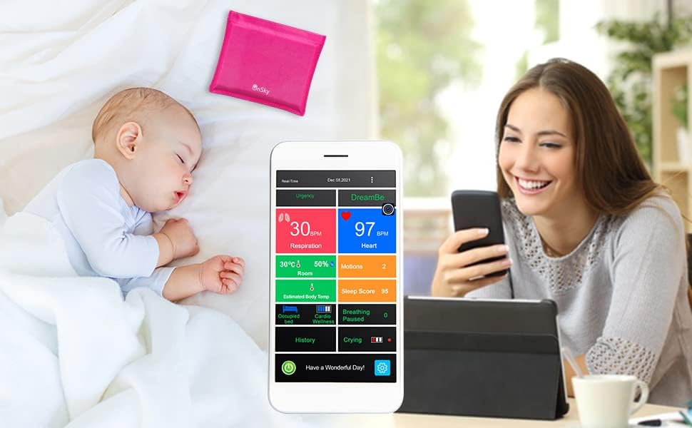 DreamBe-2 Pink от OnSky Безконтактен умен монитор дишане на детето, за проследяване на сърдечната честота и на сън в реално време – Следете