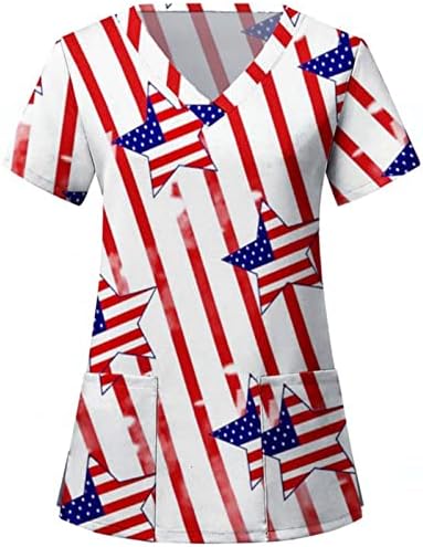 На 4 Юли Дамски Ризи с Флага на САЩ Летни Тениски с Къс Ръкав V Образно Деколте с 2 Джобове Блуза, Топ Празнична Ежедневни работни Дрехи